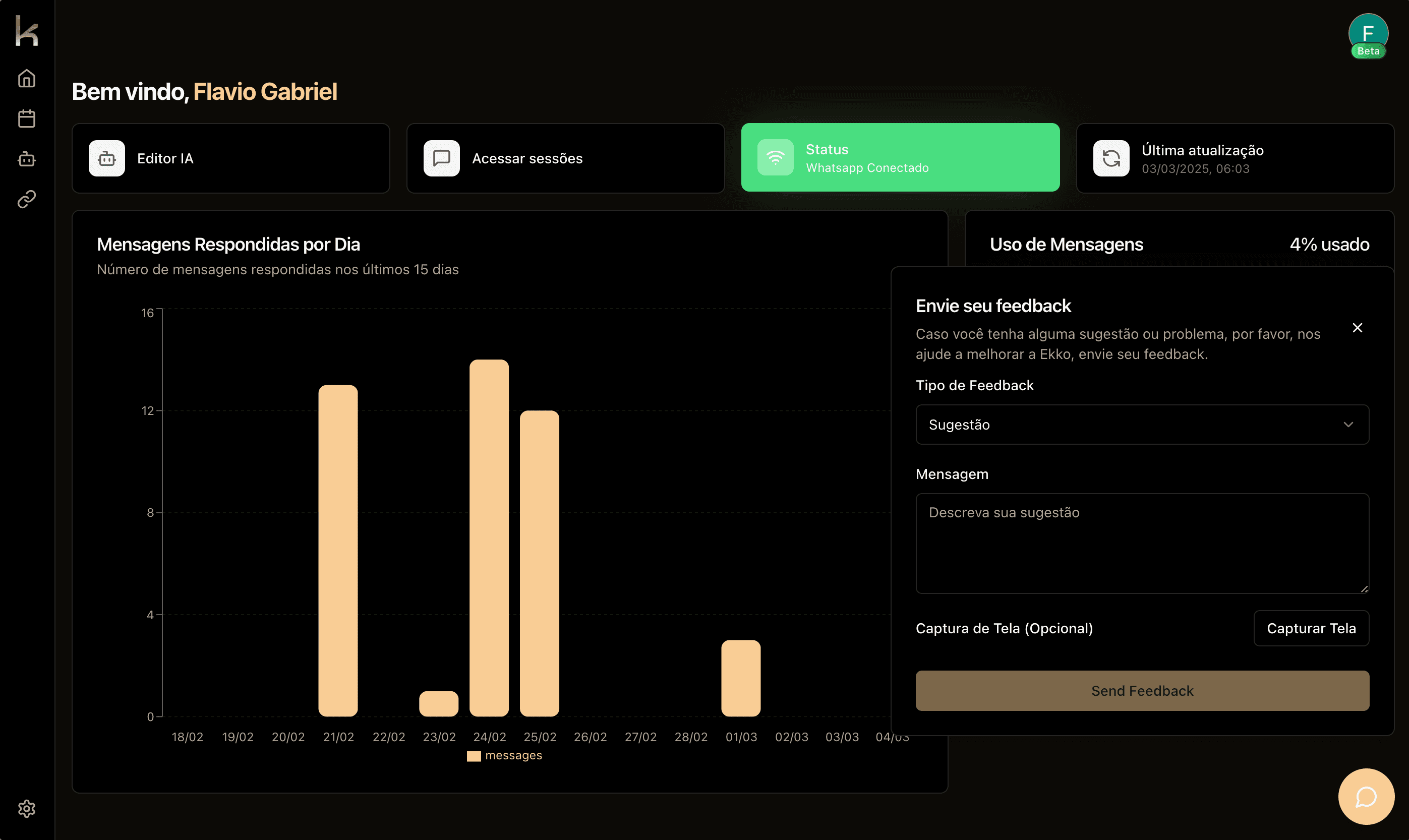 Página de configurações Ekko